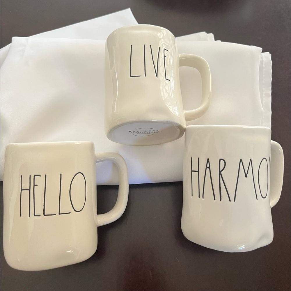 Lot of 3 Rae Dunn Mugs: Hello, Harmony and Live Artisan Collection